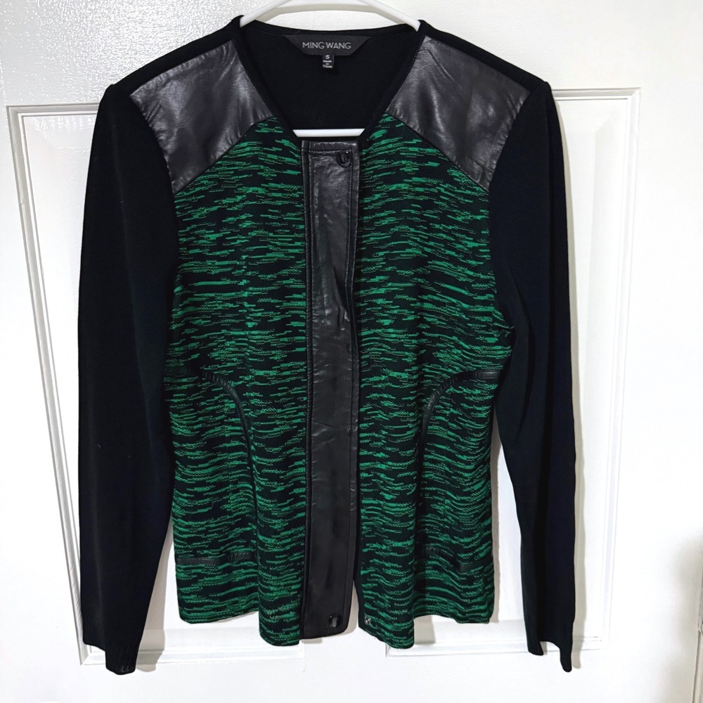 Ming Wang Black Green Knit Jacket Faux Leather Trim Snap Front Women Small